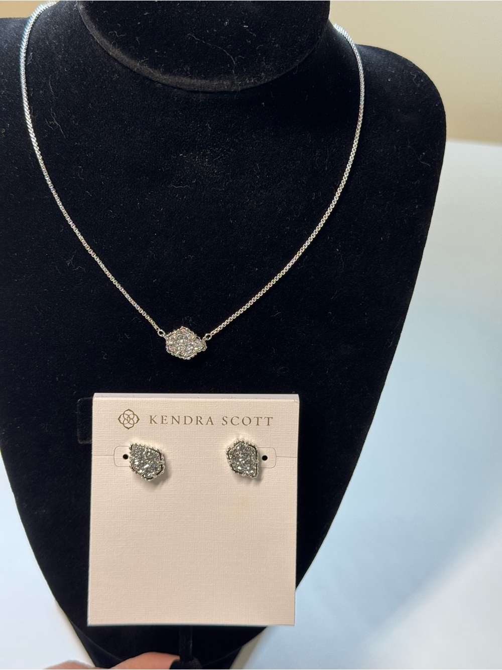 NWT Kendra Scott Silver Druzy Necklace and Stud Earrings